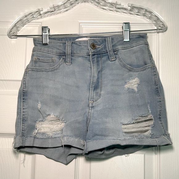 Hollister Blue Jean Shorts Distressed High-Waisted Women’s 24 curvy high rise‎ - Picture 1 of 5